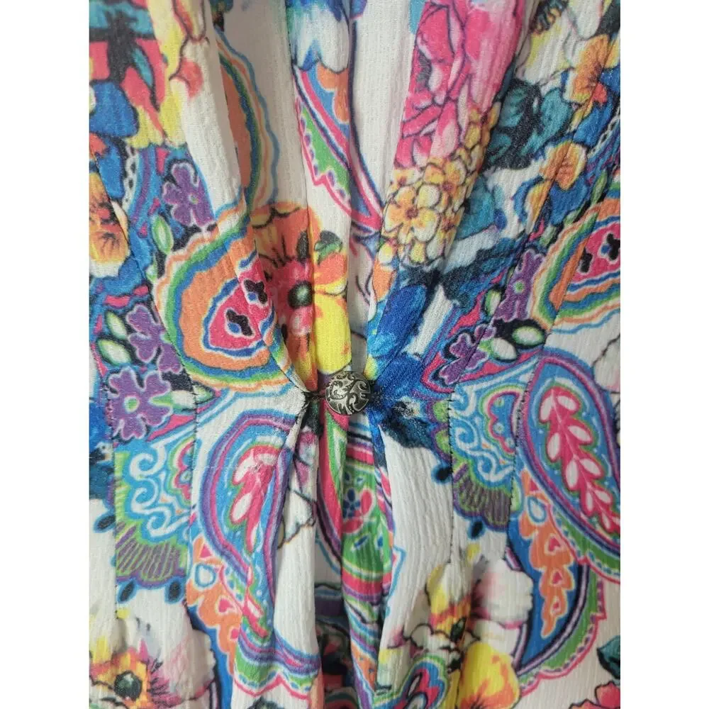 Cyrena by Anthropologie L Tunic Dress Black White Boho Floral Pleated Back Flowy